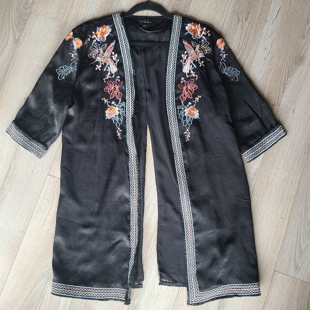 Anthropologie Black Satin Robe with Floral Elegance